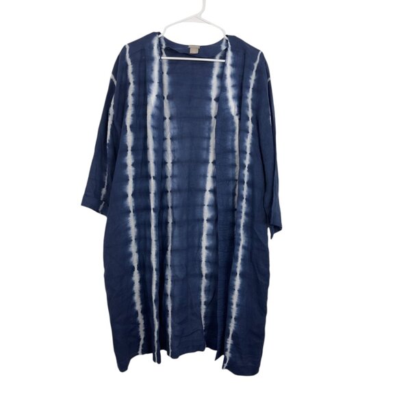 Chicos Blue & White Tie-Dye Linen Open Front Duster Jacket Size 2 (US 12/14) - Picture 2 of 14